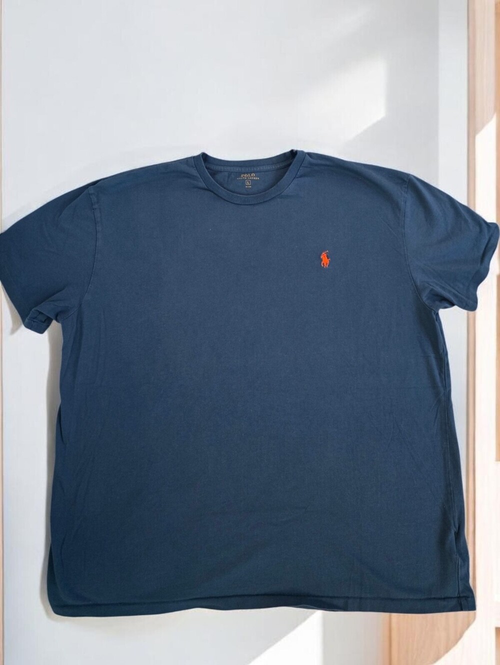 Polo Ralph Lauren Men's Lagoon Blue Crewneck Tee Orange Pony Logo Classic Cotton